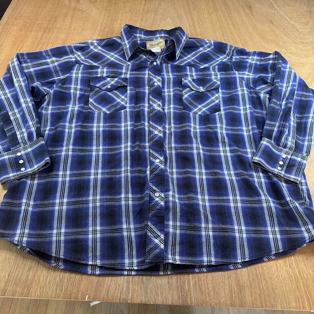 Wrangler Western Shirt Mens Plaid Pearl Snap Lightweight Blue Large